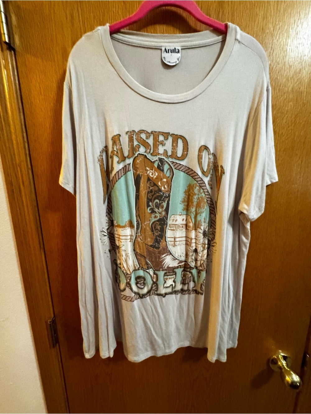 ARULA Beige Graphic Tee with Turquoise and Brown Accents size a or 1x